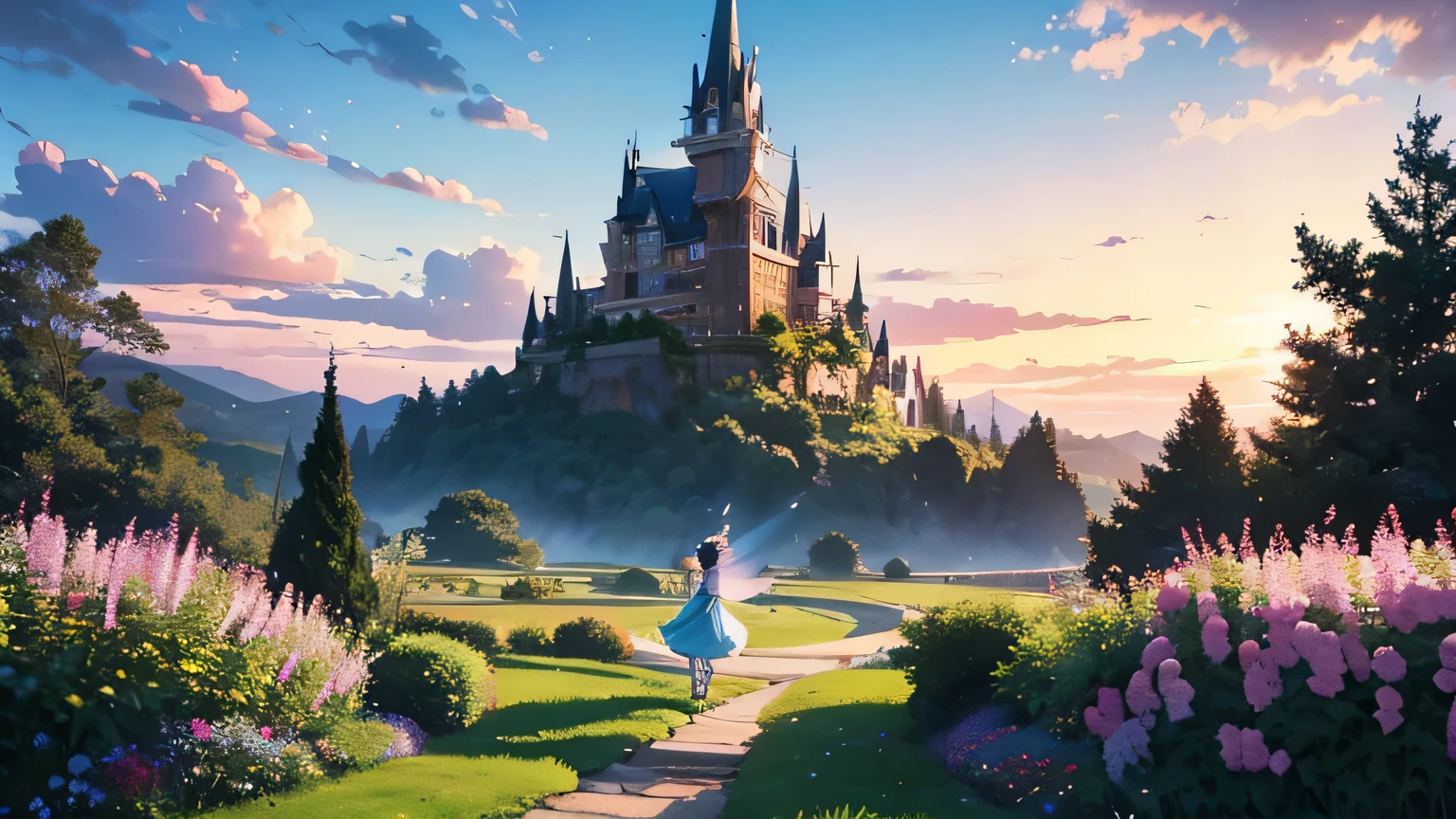 Create an anime-style illustration with a theme of a fairyland at dusk。A fantastic landscape with the soft light of the setting sun.、It depicts a scene of fairies and fantastical creatures dancing gracefully.。To be accepted from both male and female perspectives、In a heartwarming atmosphere、Please make your design enjoyable for all ages.。The color is soft、With delicate details、Give it a dreamy feel。