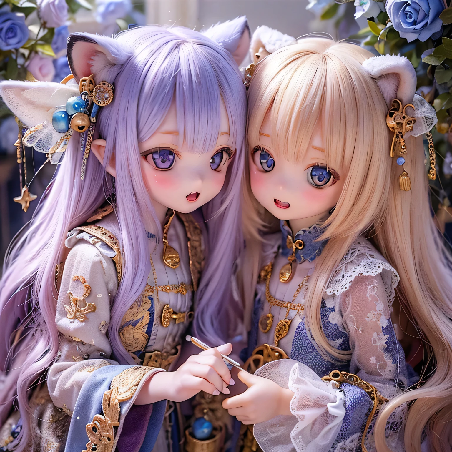 (Highest quality,4K,8k,High resolution,masterpiece:1.2),Very detailed,Realistic,White Tiger Girls Chibi,Beautiful attention to detail,Long eyelashes,Detailed lips,Girls in cute and colorful clothes,Bright flowers々and tall trees々Play in a magical garden filled with,Soft and warm sunlight on the tree々Plug in from between,Creates a magical and dreamy atmosphere,Sparkling fairy dust floating in the air,Bring a sense of magic and wonder to your scenes,A delicate and intricate tiger pattern is painted on the skin.,Glows softly, Mysterious Light,The innocent and joyful expressions of the girls,
Emphasise a pure and playful nature,Small and adorable Chibi, Girls, increase your cuteness, A harmonious blend of reality and fantasy,
Evokes childlike joy and imagination, vibrant and lively color palette,
Shades of pink, purple, Blue and,Painting-like texture, Add depth and richness to your artwork, Capture the magical essence of the scene.
