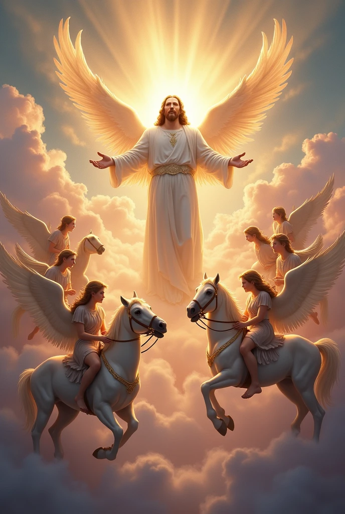 Jesus in the sky with angles on horses
