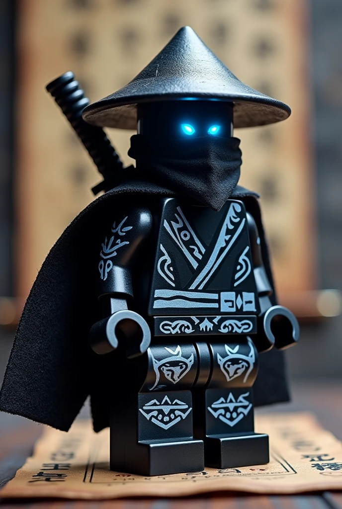 Créer moi un lego ninja go avec pas de muscles et ni de masque le premier maitre du spijisufuturiste de la dernière puissance fusionnaire doit être mauvais et doit être en lego un ninja avec un chapeau de paille noir, avec un bandeaux noir cachant la bouche avec une cape noir derrière le dos sombre et avec une peau noir foncé noir sombre et un regard terrible avec des yeux en éclair bleu avec une puissance incroyable avec comme puissance élémentaire l’électrique, l’énergie, la terre, le feu, la glace. Les habits du ninja doit être tout noir avec des traces grise bleu foncé avec des reure en forme de force, d'électricité, de feu bleu ténèbres et des écritures japonaises et le parchemin antique sacré le plus puissant en golden. Un ninja imbattable monstrueux beaucoup trop puissant qui contrôle tous les pouvoirs élémentaires. Le ninjadoit être destructeur et soif de victoire un gentil et mechant avec un sabre dans le dos