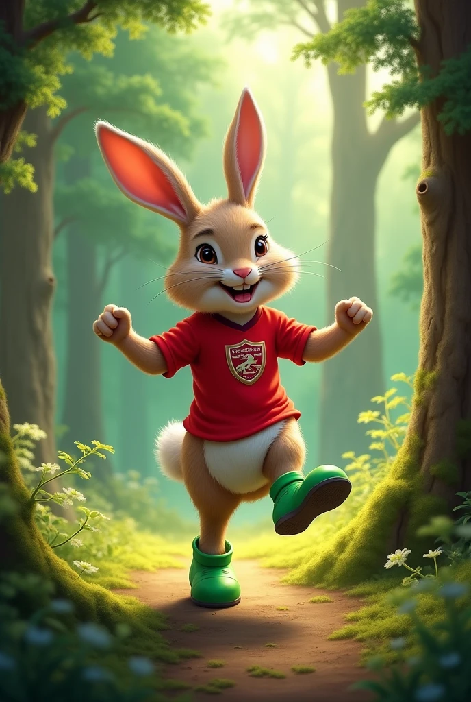 Dancing rabbit with a red player shirt with green shoes in the forest
