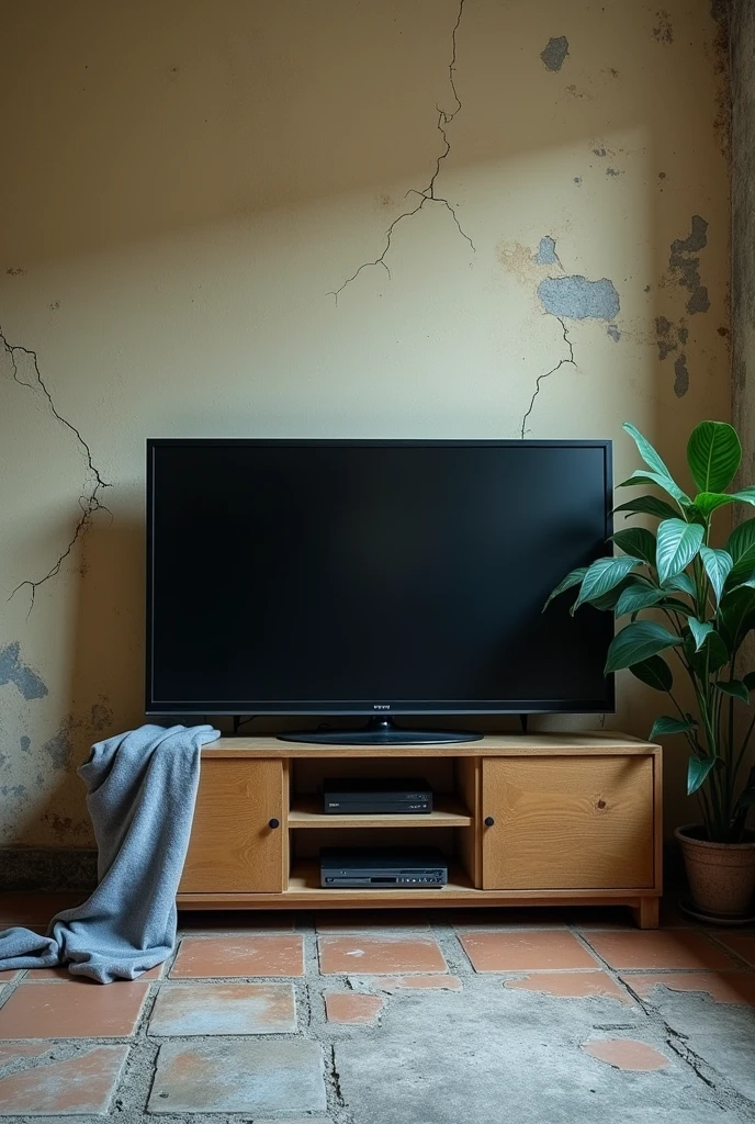 make a television on a shelf make it more middle class take off that gray cloth from the end and remove that plant from the shelf take off those pictures and make it more slum like just change the television for a more up-to-date one and make the same slum environment put in a more up-to-date and technological television put better plaster on the wall put more beautiful plaster on the wall and a tile floor and a more up-to-date and technological television