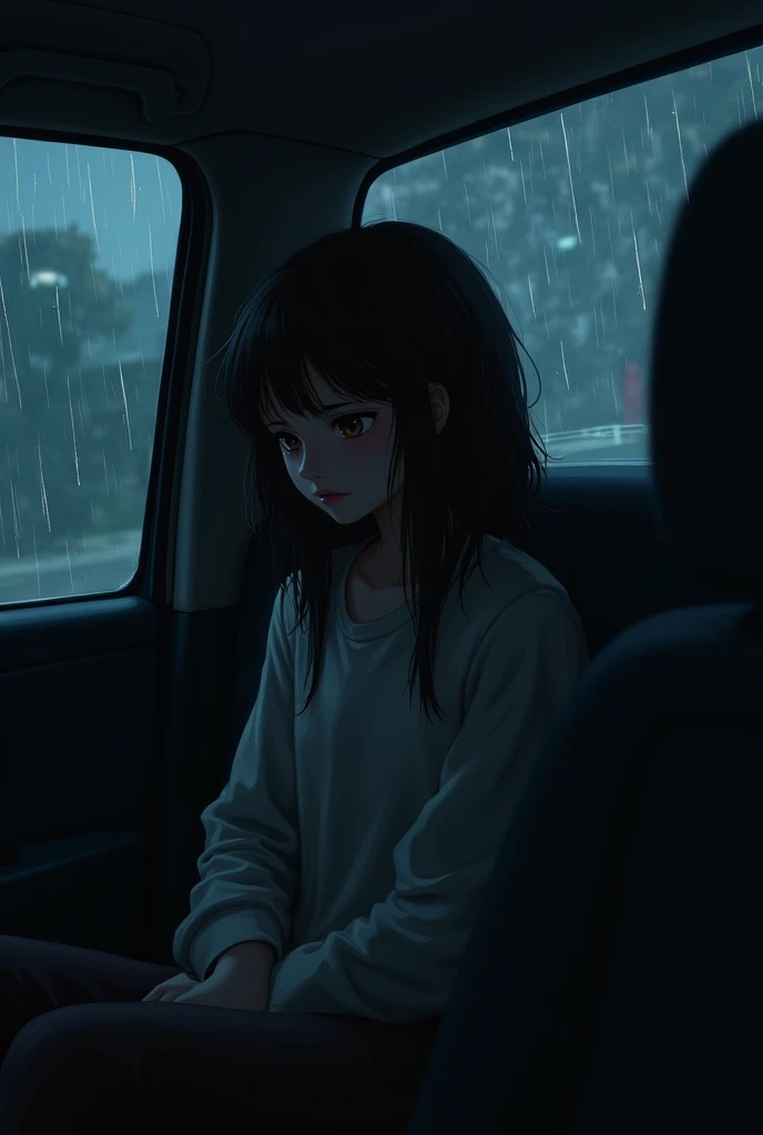 1 girl, Sitting in a car, Depressed expression, , It was a shame, It's raining outside, night