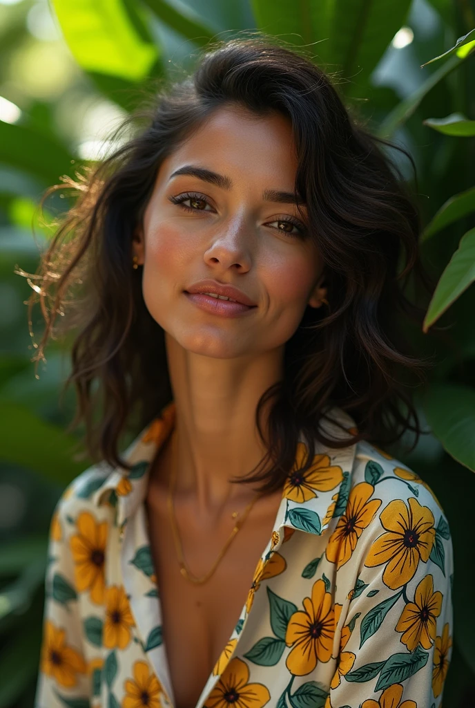 A Brazilian woman in a lush tropical garden, wearing an open shirt with a floral print, with a close-up capturing the harmonious beauty between her breasts and the natural flowers, showing off your natural charm and outgoing personality.