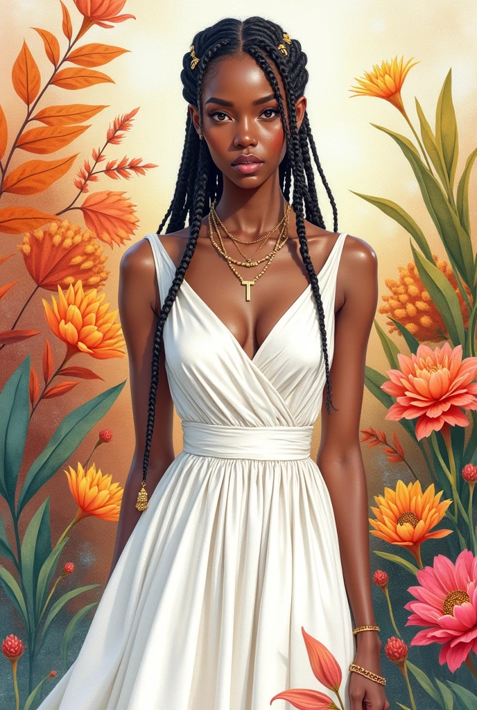 Full body, water colors, ink drawing, beautiful cyberpunk Ethiopian habesha woman, clean defined delicate features, a long formal  white cotton dress, cross necklace , colorful floral background, in the style of Albaso braids