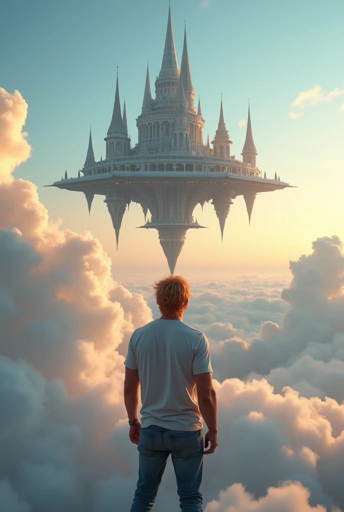 A cinematic medium shot of a athletic 46yr old man with strawberry-blonde hair wearing a t-shirt and jeans. Strong cinematic posture, back to the camera. He is standing knee-deep in clouds, between fluffy sunset clouds and looking at a magnificent fantasy city with intricate details. The city is floating in the air above the clouds. The background is a clear blue sky. The city has a heptagonal shape, with corner towers connected to the central part by galleries and passages. The city's design is gothick, strict yet graceful, combining futuristic and traditional architectural elements. It soars high in the sky in the air far away. The city has a fantasy look with a futuristic twist, and the flying towers serve as defense structures. (foots in clouds), (knee-deep in clouds)
Hight contrast and ultra-detailed, ultrarealistic, 8k, HDR