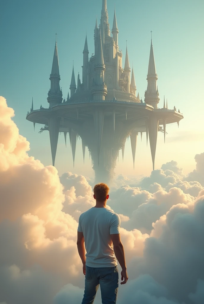 A cinematic medium shot of a athletic 46yr old man with strawberry-blonde hair wearing a t-shirt and jeans. Strong cinematic posture, back to the camera. He is standing knee-deep in clouds, between fluffy sunset clouds and looking at a magnificent fantasy city with intricate details. The city is floating in the air above the clouds. The background is a clear blue sky. The city has a heptagonal shape, with corner towers connected to the central part by galleries and passages. The city's design is gothick, strict yet graceful, combining futuristic and traditional architectural elements. It soars high in the sky in the air far away. The city has a fantasy look with a futuristic twist, and the flying towers serve as defense structures. (foots in clouds), (knee-deep in clouds)
Hight contrast and ultra-detailed, ultrarealistic, 8k, HDR