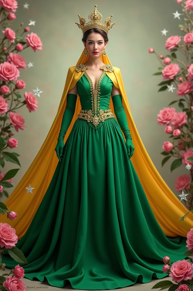 Empress wearing a green dress with the Brazilian flag and long green gloves and a golden crown with some pink flowers and silver stars