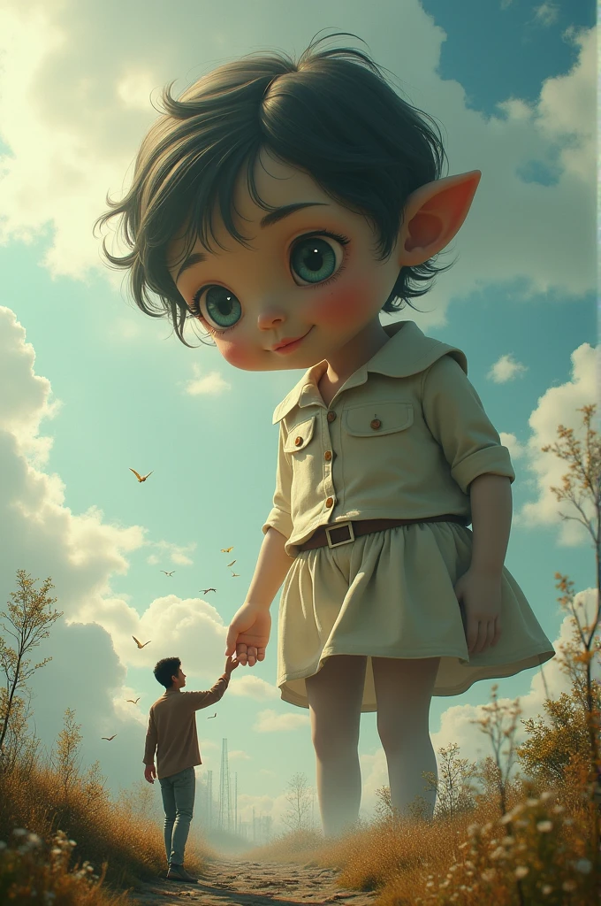 Giant child holding small adult&#39;s hand. 