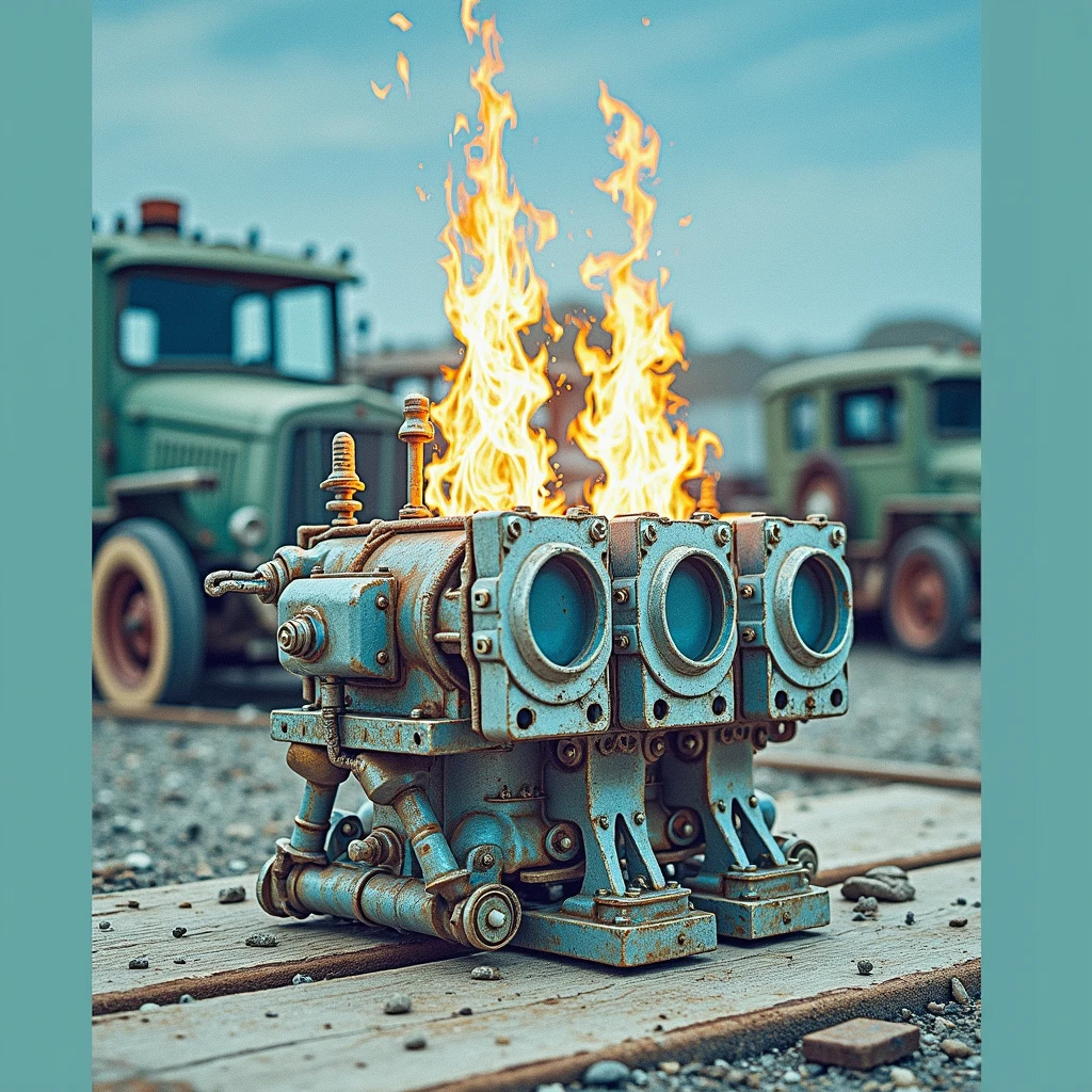Imagine an old carburetor from a classic car, with a blue and orange flame coming out of the vents. The metal frame may be darkened and dented due to intense heat.