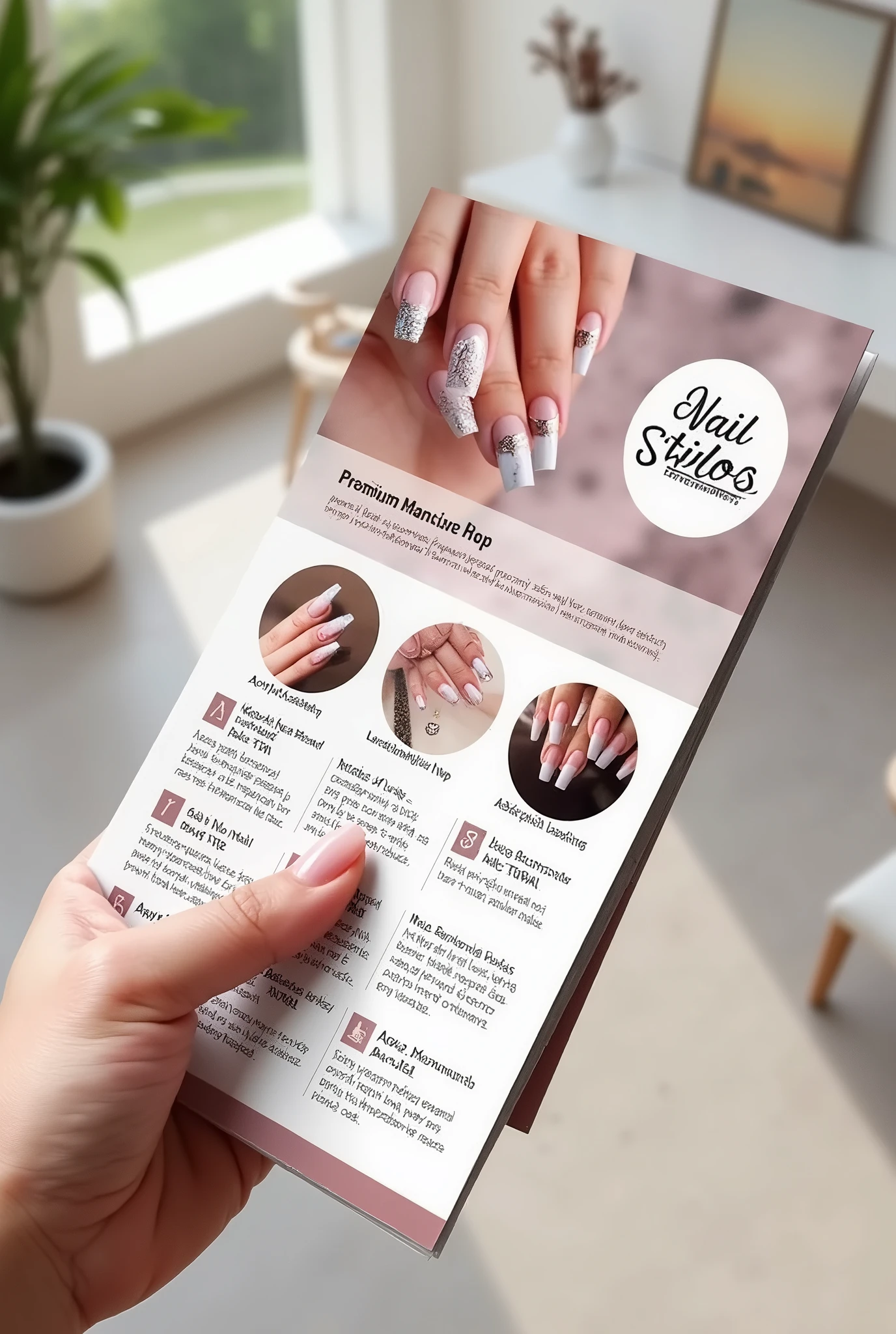 Beautiful manicure shop advertising brochure.

stating the different styles (acrylic, dippin, jelly tip, acrigel, Russian leveling)

store name Nail Stilos Yeye contact: +584125510148

