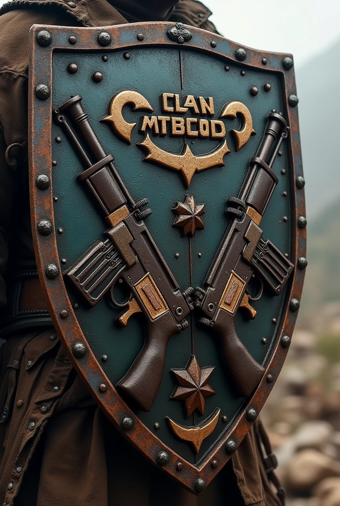 Create a shield with firearms that bear the words CLAN MTB COD