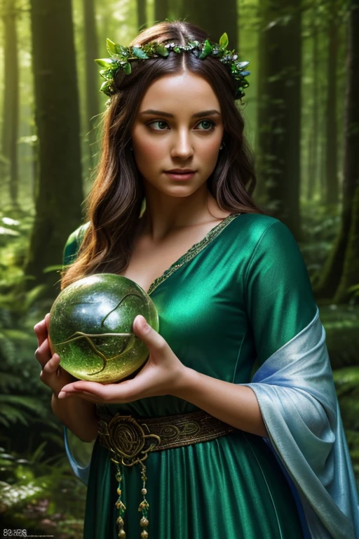 a druid maiden in a forest clearing, beautiful detailed eyes, beautiful detailed lips, extremely detailed face, long eyelashes, flowing green dress, holding a glowing crystal orb, sunlight filtering through the trees, lush green foliage, detailed fantasy landscape, dramatic lighting, (best quality,4k,8k,highres,masterpiece:1.2),ultra-detailed,(realistic,photorealistic,photo-realistic:1.37),concept art,fantasy,mystical,vibrant colors