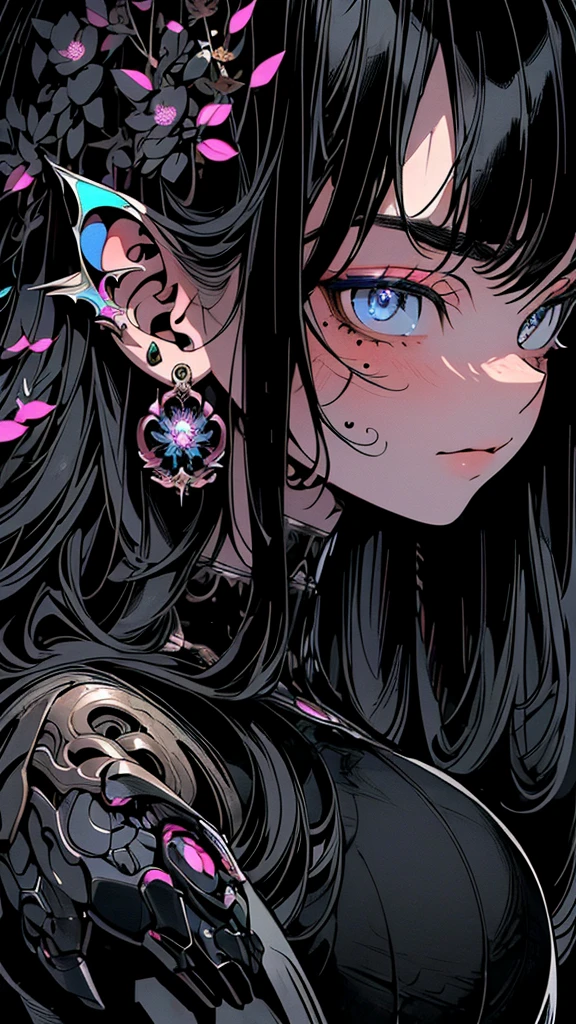 ((masterpiece)),((ultra-detaile)),(highest quality),8k-Anime-style detailed plant girl,ink,ink water,ink,((machine angel)),wing,dark,deep Black-color,plant,Black-colored flower,1 person,detailed face,detailed full body,close-up,(ultra-detailed mechanical body),(machine limbs),(ultra-definition painting),16yo,neon effect,(very beautiful),God drawing,8K resolution,accurate depiction,ultra-detailed whole body,very cute face,near future,8K wallpaper,detailed eyes,detailed hair,long hair,Precise and beautiful hair,dense world view,dark base color and vivid color scheme,precise mechanical hands,glaring,radiating an ethereal aura,precise background,geometry Gaku tattoo,cinematic,high precision,cyberpunk,elaborate,beautiful graphics,commitment,metallic tone,dark,detailed background,glossy,wide shot,shining dark neon,luminism,perfect anatomy,highlights,precise structure