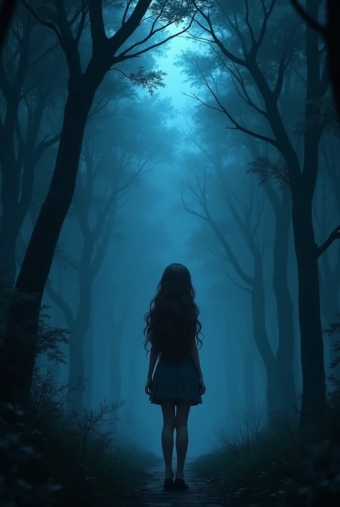 Create an image of a  girl standing in a dark black forest, where tall trees seem to envelop her in shadows. Her brown skin shines subtly under the soft blue light that filters through the leaves.. Her brown hair, long and wavy, cascades over her shoulders to her waist, gently moving in the breeze. Her dark brown eyes reflect a gleam of curiosity and courage.. 
