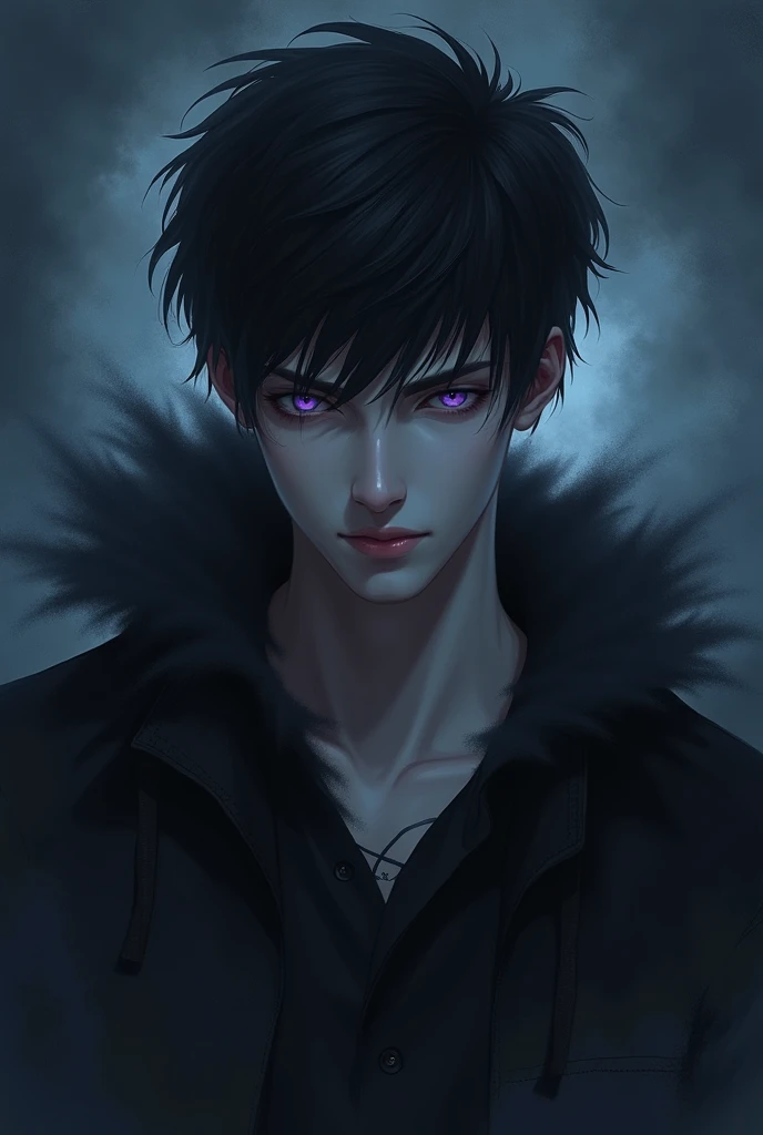 ((best quality)), ((masterpiece)), (detailed), young man with short dark hair and purple eyes, pale skin, surrounded by a dark aura