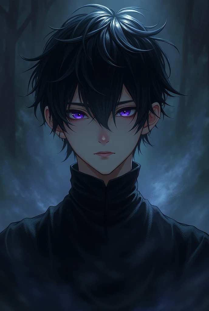 ((best quality)), ((masterpiece)), (detailed), young man with short dark hair and purple eyes, pale skin, surrounded by a dark aura