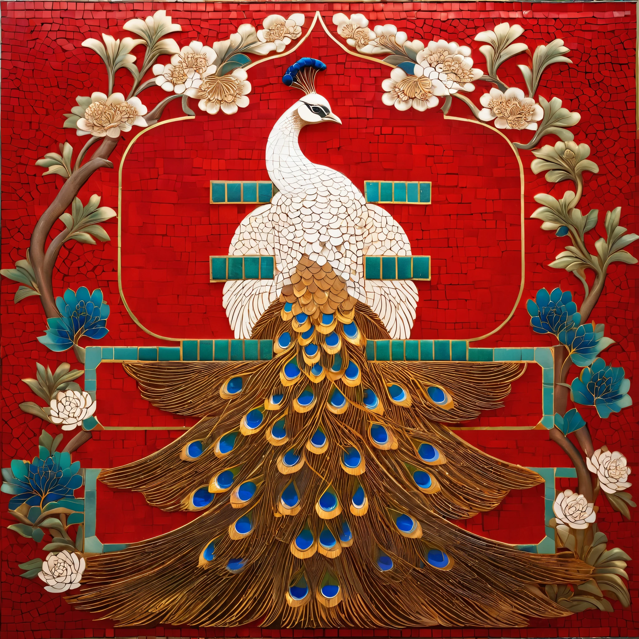 Peacock on red background,The background has a cutout panel, Japanese Art Museum, Dark white and light brown, Elegant and balanced, Standard collection, song huizong, Song, Mosaic, Flat composition
