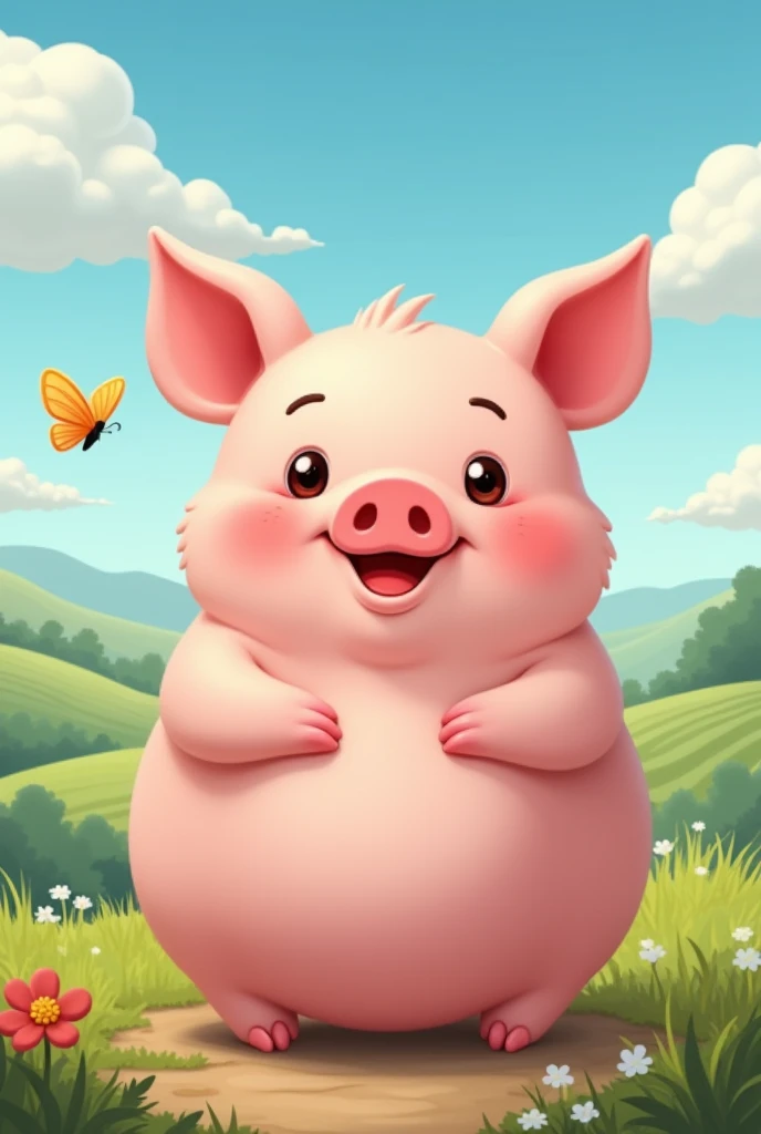 Create a cute chubby round pig with realistic backround