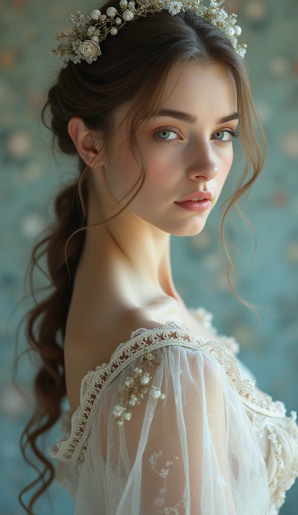 (High resolution,masterpiece:1.2),(Realistic:1.37)"(Highest quality, High resolution, Very detailed, Realistic),Portrait of a beautiful Ukrainian ballet dancer from the 19th century, (She is half Ukrainian and half Russian., She is a beautiful woman with pale blue eyes and a high nose.:1.1), Exquisite ballet costumes, Detailed facial features, Long and graceful neck, Flowing locks of hair, Calm and elegant posture, Soft and delicate lighting, Vibrant colors, Delicate background with star motif", Dreamy atmosphere, Surrealism,Mysterious Aura