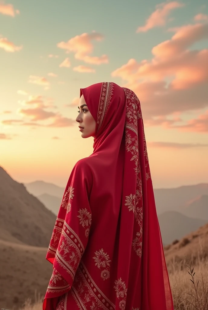 Stunning plain patterned red syar'i hijaber, photo, 8K, a world where colors dance and swirl in the sky, creating a symphony of hues and tones, taupe, ivory, white, beige, and soft sage color scheme, background, Facing the camera