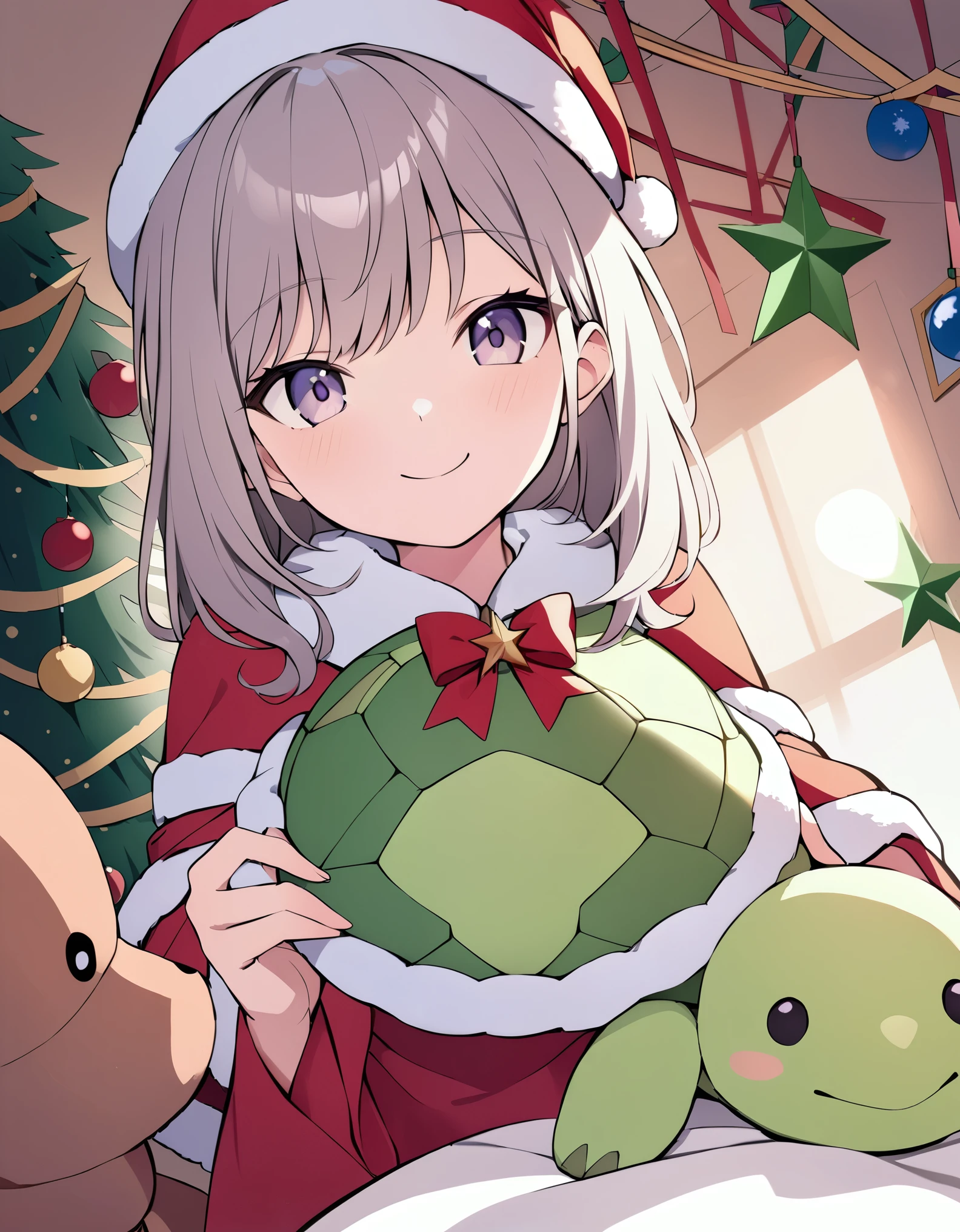 Stuffed Turtle,Turtle wearing Christmas clothes, girl holding and smiling at teddy bear, Christmas decorations in the room