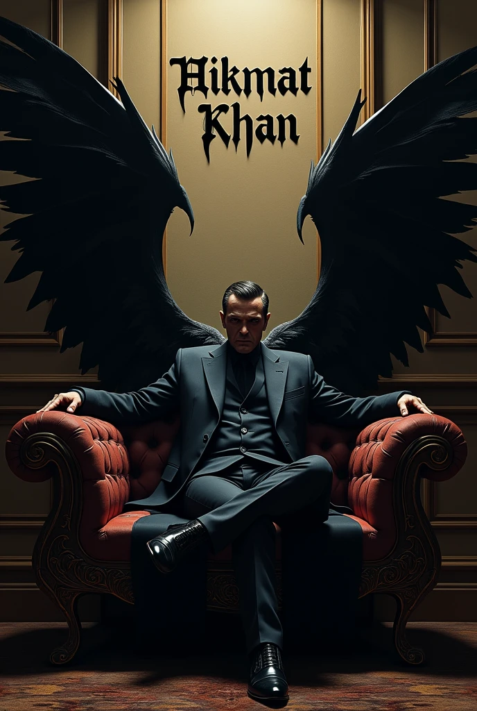 I want to create a photo of villain male sitting on couch and having wings written HIKMAT KHAN at the wall