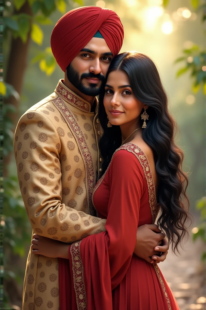 A man who is black but not that black or that white wearing a punjabi , black hair has a little bit of moustache above his lips and under.side hugging a girl who is slightly not quite white but NOT black but has black hair, wearing a salwar kameez