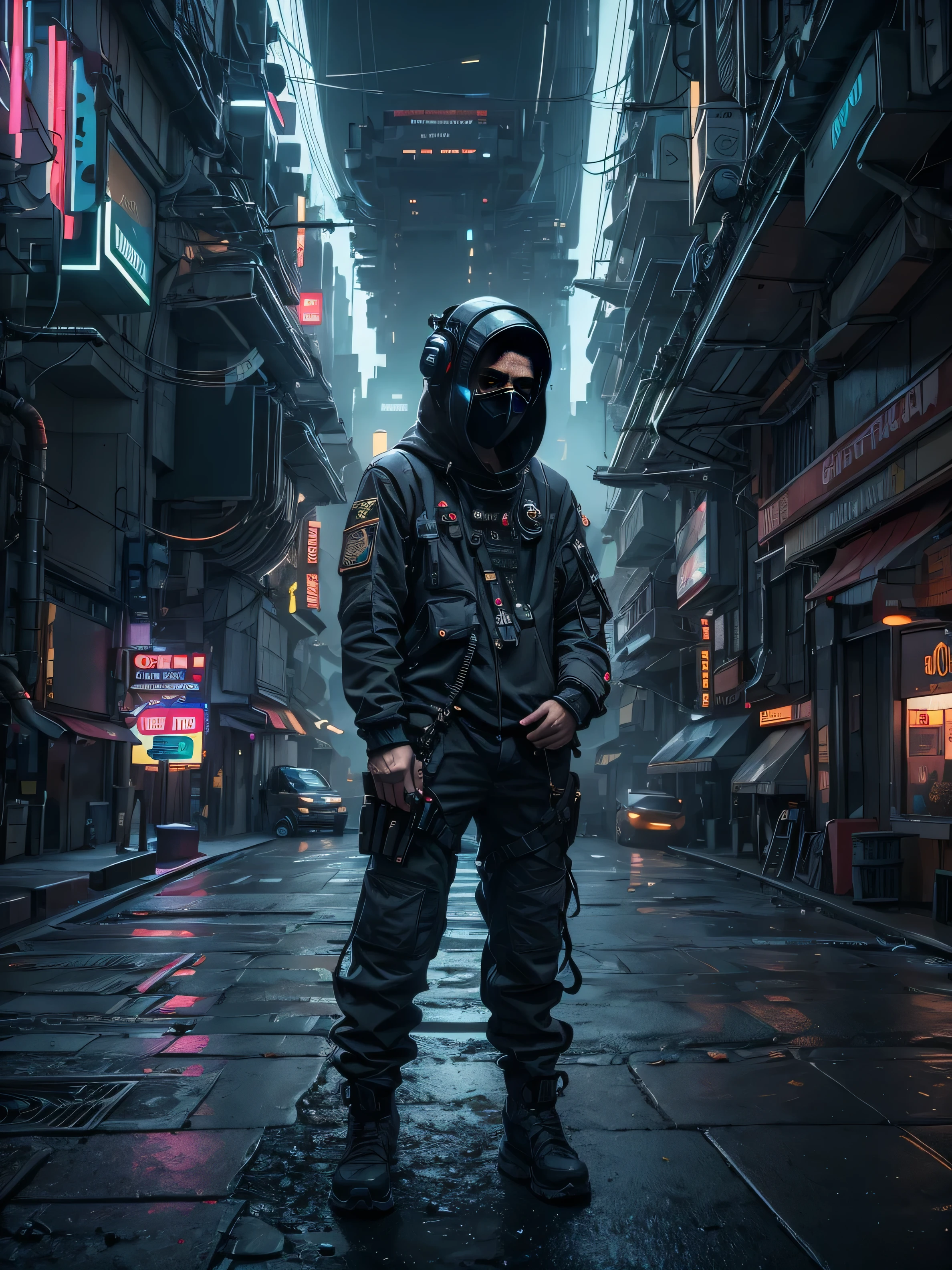 (masterpiece, full body shot, intricate raw photography) Cyberpunk citizen, comfortable oversize black hoodie, black cargo pants, black clothes, dark, wearing a black helmet hitech style Astronaut, intricate, futuristic, advanced technology, dark environment, dramatic, light and shadow, cinematic, action movie, sharpness, random relaxed position, Cyberpunk City, street lights, dark street, night, Insta photo, photo of the year, octane render, substance, Maya 3D, cinema4D, ArtStation Trending, Devian Art Trend,