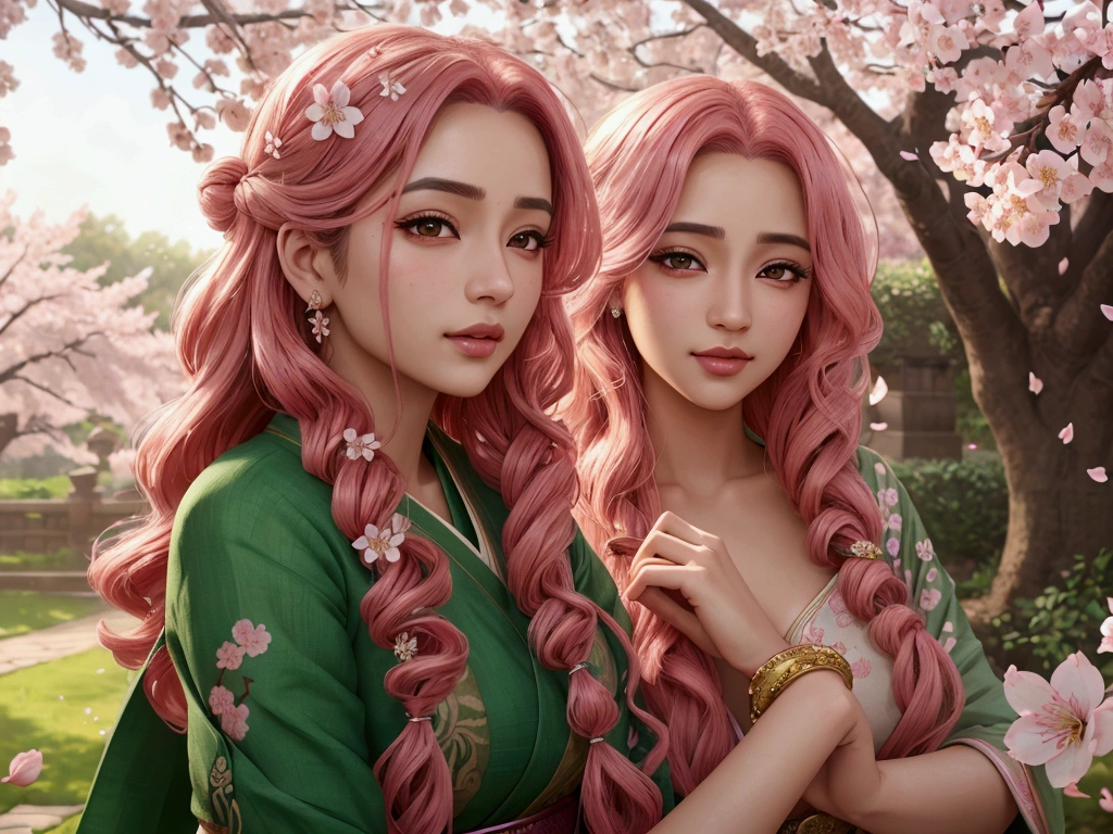 mitsuri kanroji, beautiful detailed eyes, beautiful detailed lips, extremely detailed face and hair, long curly pink hair, lush green garden, cherry blossom petals, soft lighting, warm color palette, masterpiece, 8k, high resolution, photorealistic, intricate details, digital art