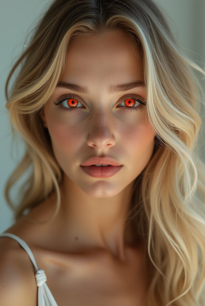 Beautiful blonde American woman with red eyes