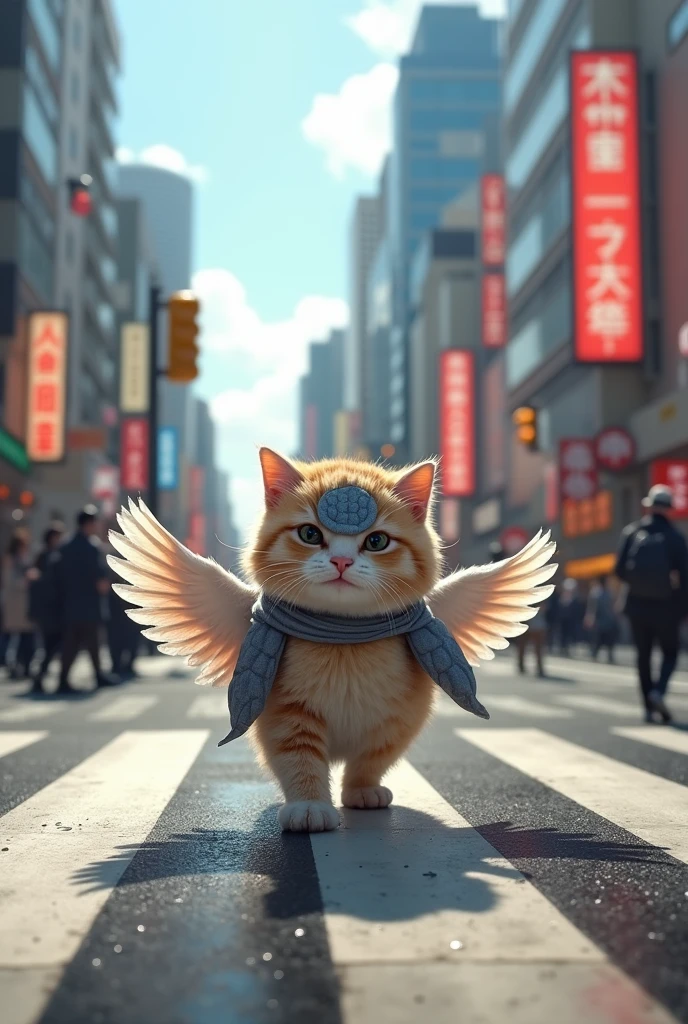 (masterpiece, best quality, ultra detailed, photorealistic, hyperrealistic photo:1.2), A cute cat dressed as a pigeon smiles as he walks through a crosswalk in Tokyo,