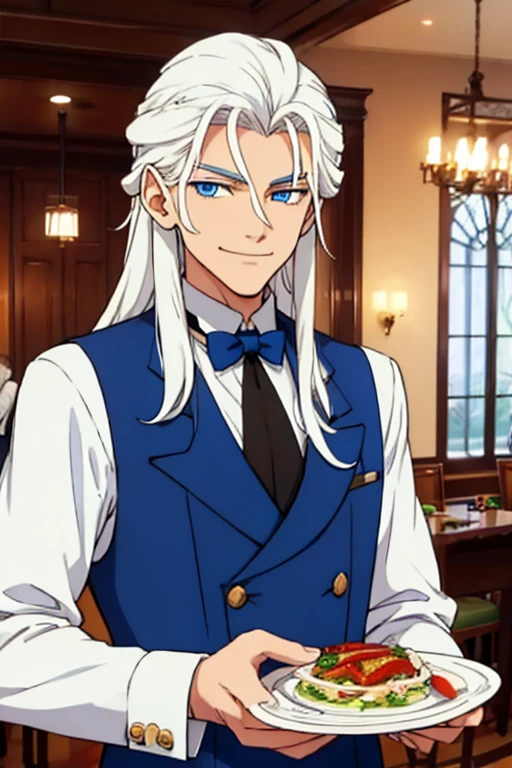 Perfect face. Perfect hands. A young white haired man with blue eyes and long hair in a butler's uniform is smiling while serving dinner in a fancy butler's cafe