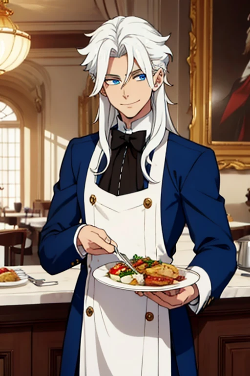 Perfect face. Perfect hands. A young white haired man with blue eyes and long hair in a butler's uniform is smiling while serving dinner in a fancy butler's cafe