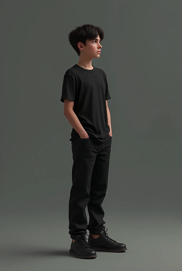 r boy standing wearing black t-shirt, black jeans and black shoes