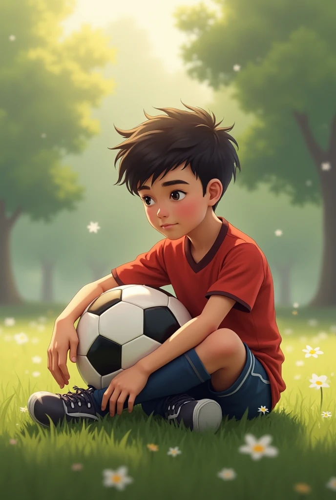 boy sitting with soccer ball