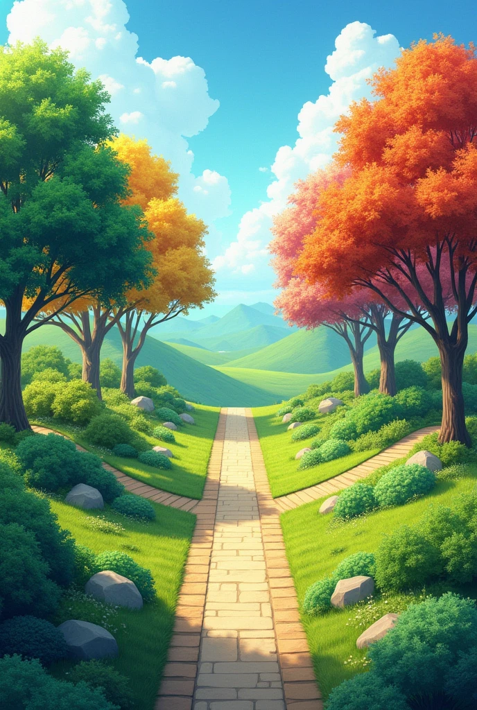 A garden gives access to 4 different paths, each path has a tree that represents a season