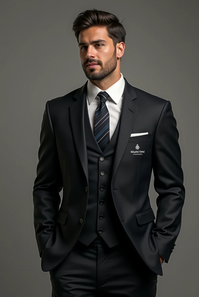 A person wearing a suit on which the name is written Mauritani