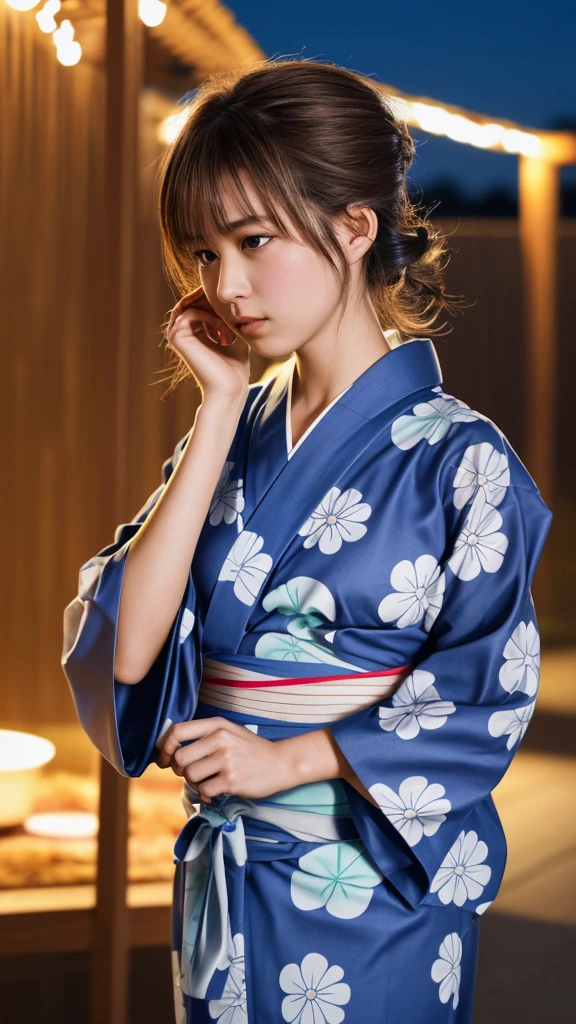 yukata.One girl, solo, High resolution, Brown Hair, Tying up hair, firework,night,Gaze,