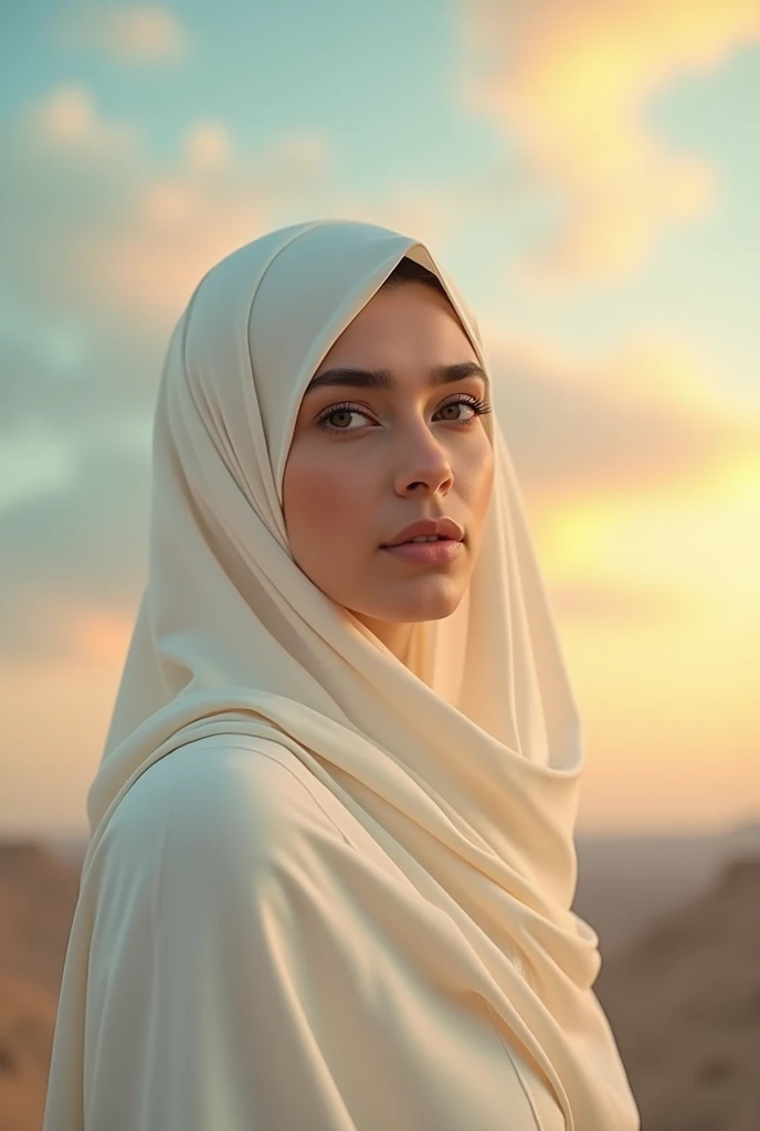 Stunning plain patterned cream syar'i hijaber, photo, 8K, a world where colors dance and swirl in the sky, creating a symphony of hues and tones, taupe, ivory, white, beige, and soft sage color scheme, background, Facing the camera