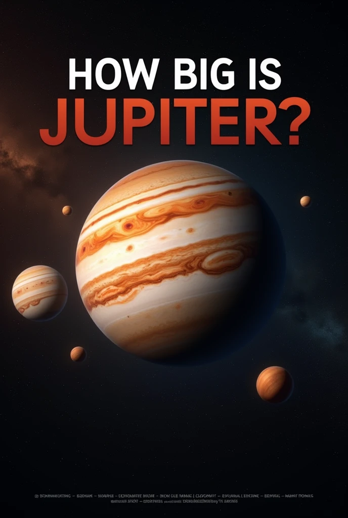 Create a horizontal 16:9 size YouTube video thumbnail on Jupiter: The largest planet in our solar system. The image should be picture of Jupiter surrounded by small planets and the text should be How big is Jupiter in bold text