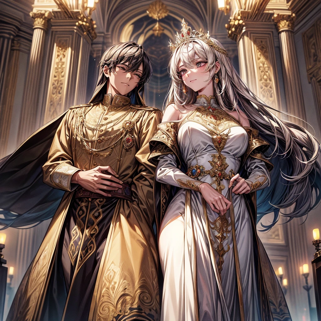 NSFW, ((masterpiece, best quality, extremely detailed, absurdres)), Create a high-resolution, highly detailed anime-style illustration that captures the grandeur and elegance of a medieval Western royal family. The illustration should feature a king, queen, and princess, each radiating an aura of nobility and power. The royal family is depicted in a luxurious setting, surrounded by opulent decorations and ornate elements that emphasize their status. The king stands tall, exuding authority and wisdom; the queen, graceful and composed, reflects regality; and the princess, youthful yet poised, symbolizes hope for the future. The subjects are dressed in richly detailed royal attire, with intricate patterns and designs that showcase their wealth and influence. The overall composition should evoke a sense of awe and respect from those who view it, as if the family is a beacon of leadership and power. The lighting is soft yet dramatic, enhancing the textures and depth of the characters and their surroundings. The background is an elaborate palace interior with grand pillars, velvet drapes, and majestic chandeliers. The illustration should maintain a balance between realism and the softness typical of anime art, ensuring that every detail, from the characters' facial expressions to the smallest elements in the background, contributes to the overall impact of the piece. --royal family, --Noble Princesses, --sexy, --erotic