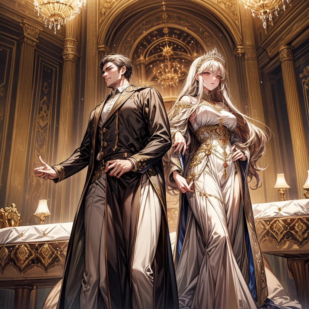 NSFW, ((masterpiece, best quality, extremely detailed, absurdres)), Create a high-resolution, highly detailed anime-style illustration that captures the grandeur and elegance of a medieval Western royal family. The illustration should feature a king, queen, and princess, each radiating an aura of nobility and power. The royal family is depicted in a luxurious setting, surrounded by opulent decorations and ornate elements that emphasize their status. The king stands tall, exuding authority and wisdom; the queen, graceful and composed, reflects regality; and the princess, youthful yet poised, symbolizes hope for the future. The subjects are dressed in richly detailed royal attire, with intricate patterns and designs that showcase their wealth and influence. The overall composition should evoke a sense of awe and respect from those who view it, as if the family is a beacon of leadership and power. The lighting is soft yet dramatic, enhancing the textures and depth of the characters and their surroundings. The background is an elaborate palace interior with grand pillars, velvet drapes, and majestic chandeliers. The illustration should maintain a balance between realism and the softness typical of anime art, ensuring that every detail, from the characters' facial expressions to the smallest elements in the background, contributes to the overall impact of the piece. --royal family, --Noble Princesses, --sexy, --erotic