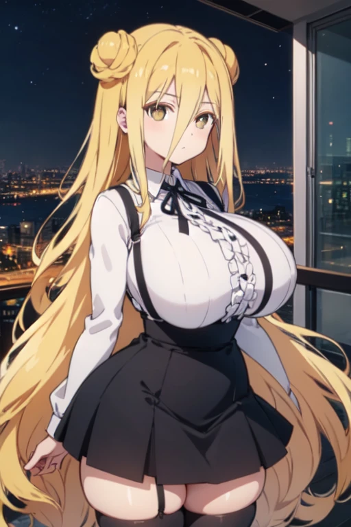 mmukuro,blonde hair, double bun, very long hair, long bangs, hair between eyes, (suspender skirt:1.4), (massive enormous huge thicc butt), black skirt, (ultra gigantic massive enormous huge breasts), white shirt, long sleeves, striped thighhighs, outdoors, cityscape, city lights, night sky, night, aurora, standing, looking at viewer, black ribbon, center frills,