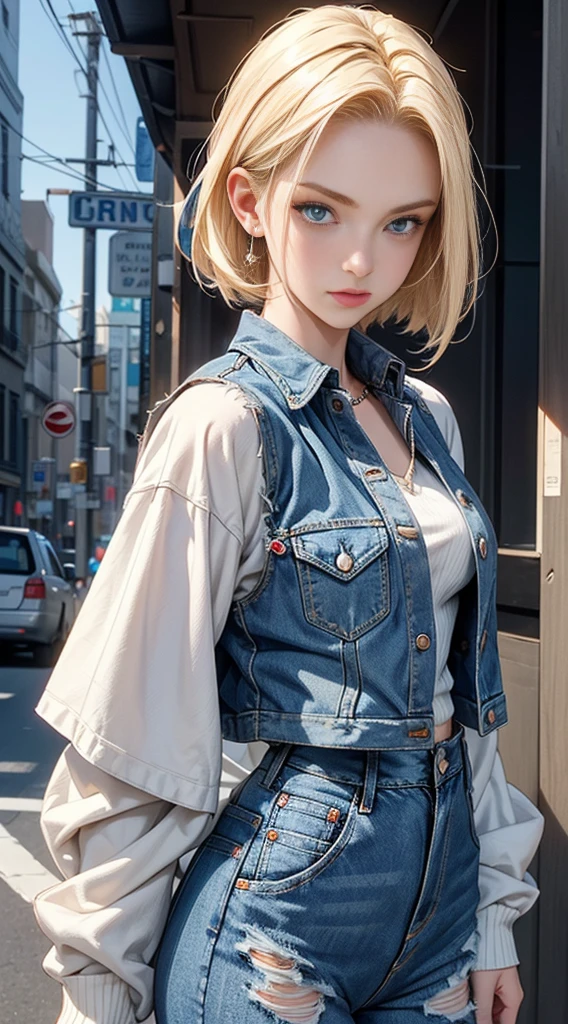 Best quality at best, A high resolution, and18, 1 girl in, Android18, Alone, Blonde hair, eBlue eyes, short detailed hair, 耳?????? Ring, jewely, Denim open vest, black panty, Striped long sleeves, cow boy shot, the street, (Scale-out: 1.2)