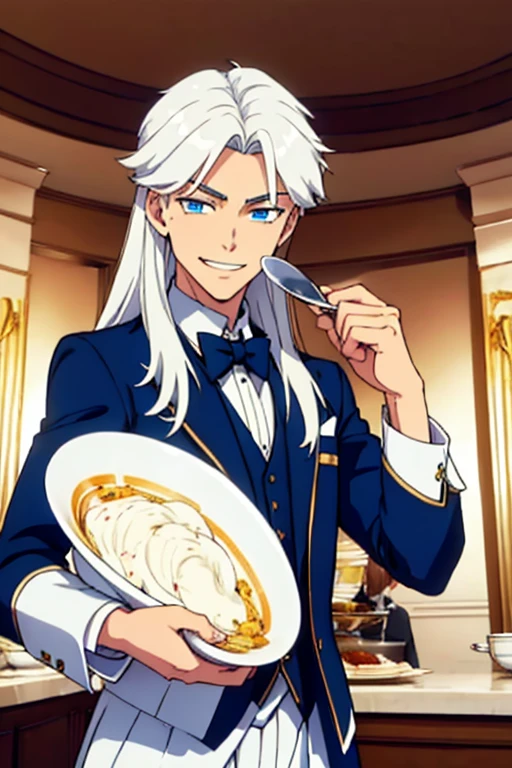 Perfect face. Perfect hands. A young white haired man with blue eyes and long hair in a butler's uniform is smiling while serving dinner in a fancy butler's cafe
