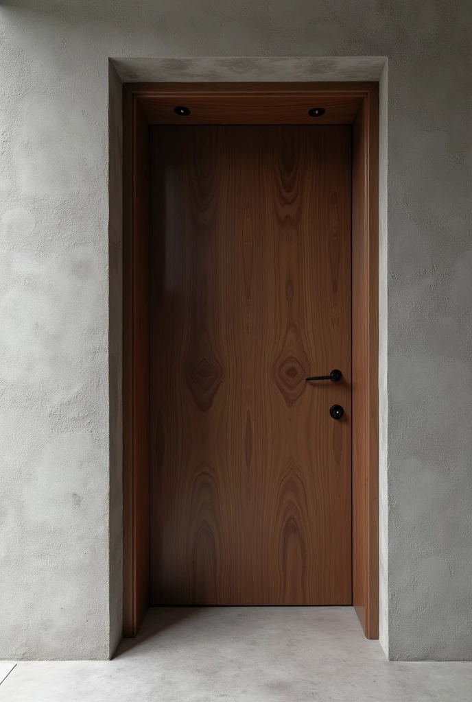 A wooden door to exit the bathroom; (gray wall); Dark, minimalist wooden door; (nothing else in the picture)