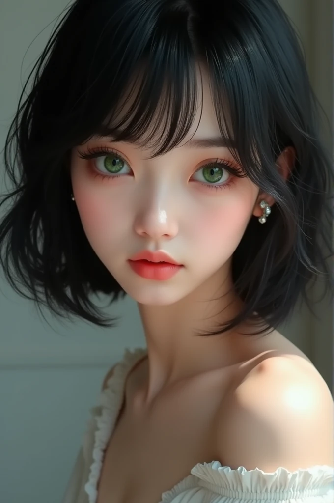 Jeune fille très belle très réaliste, 8 K, very realistic and very detailed green eyes, black bob hair,