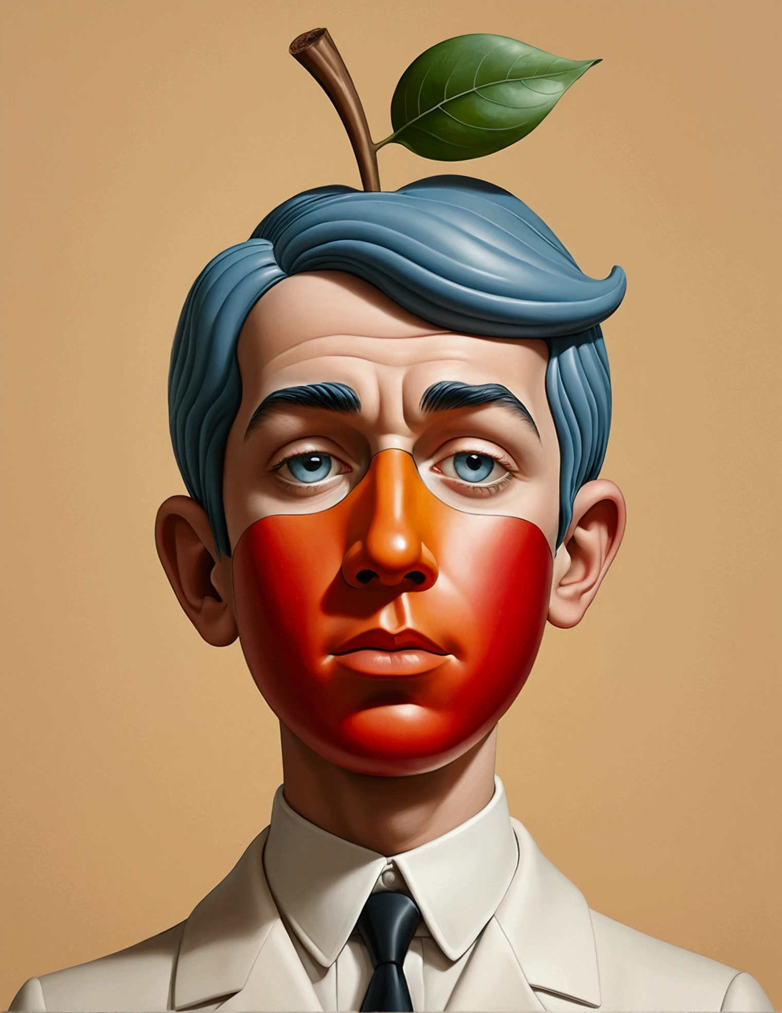 René Magritte’s ‘The Son of Man’, rubber hose style, simple line drawing, similar to Cuphead, children’s illustration style, head close-up, apple covering face, not too detailed