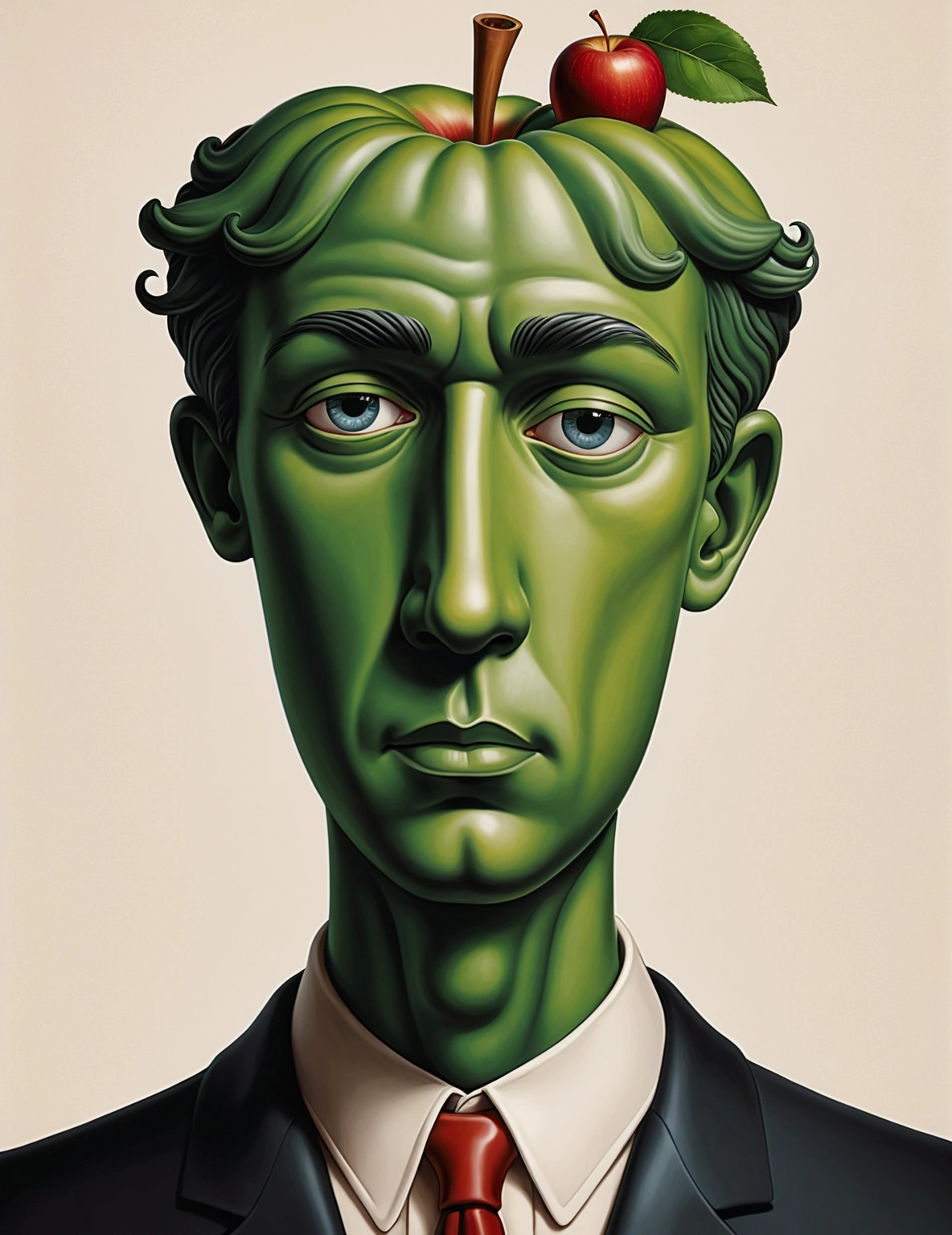 René Magritte’s ‘The Son of Man’, rubber hose style, simple line drawing, similar to Cuphead, children’s illustration style, head close-up, apple covering face, not too detailed